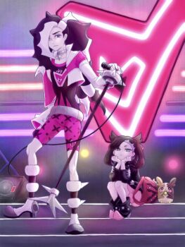 1boy 1girl age_difference aqua_eyes asymmetrical_bangs backpack bag bags_under_eyes belt black_boots black_choker black_hair black_jacket boots brother_and_sister child choker collarbone dress earrings expressionless eyelashes full_body gen_8_pokemon gloves gym_leader hair_ornament hands_up head_rest height_difference hepu2rabbits_(epuusa) high_heel_boots high_heels highres jacket jewelry knees leather leather_jacket legs legs_together long_bangs long_hair long_sleeves looking_at_viewer marnie_(pokemon) microphone microphone_stand morpeko multicolored_hair neck neon_lights nintendo outdoors own_hands_together pale_skin piers_(pokemon) pink_dress pointy_boots pokemon pokemon_(creature) pokemon_swsh ponytail punk shirt shorts siblings sitting size_difference skinny sleeveless sleeveless_shirt spikemuth standing stud_earrings team_yell twintails two-tone_hair undercut unworn_backpack unworn_bag very_long_hair white_gloves white_jacket