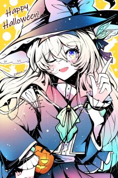 1girl black_jacket black_ribbon black_skirt blush bow brown_hairband buttons electronduck fang firefly_(honkai:_star_rail) frilled_hat frilled_sleeves frills gradient_eyes gradient_hair green_bow green_pupils grey_hair hair_between_eyes hair_intakes hair_ornament hair_ribbon hairband halloween halloween_costume hat hat_bow highres honkai:_star_rail honkai_(series) jacket long_hair long_sleeves multicolored_eyes multicolored_hair one_eye_closed open_mouth pleated_skirt pointing pointing_up ribbon shirt skirt smile solo teeth twitter_username upper_teeth_only white_shirt white_sleeves witch_hat