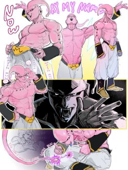 Rule 34 | 2boys, black nails, black sclera, chocolate, colored sclera, colored skin, dragon ball, fangs, majin buu, male focus, multiple boys, muscular, muscular male, open mouth, pectorals, pink skin, pipibobof1, smile, super buu, thumbs up, tongue, tongue out, vegetto