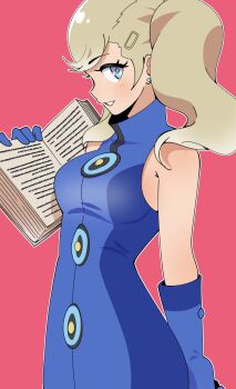 1girl absurdres bare_shoulders blonde_hair blue_dress blue_eyes blue_gloves book cosplay dress elizabeth_(persona) elizabeth_(persona)_(cosplay) gjh gloves hair_ornament hairclip highres holding holding_book long_hair persona persona_5 pink_background profile simple_background sleeveless sleeveless_dress smile solo takamaki_anne twintails