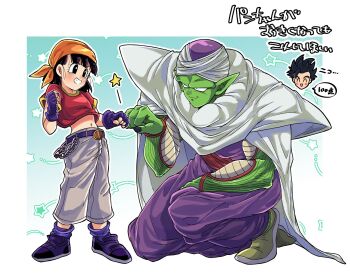 1girl 2boys alien bandana belt_buckle black_eyes black_hair black_nails blue_background blunt_bangs blunt_ends border buckle cape child colored_skin commentary_request crop_top dougi dragon_ball dragon_ball_gt father_and_daughter fingerless_gloves fist_bump gloves green_skin grin height_difference highres multiple_boys navel on_one_knee orange_bandana otyumamii pan_(dragon_ball) piccolo pointy_ears purple_dougi purple_gloves purple_shoes purple_socks red_shirt shirt shoes short_hair smile socks son_gohan spiked_hair star_(symbol) translation_request turban wallet_chain white_border white_cape white_turban