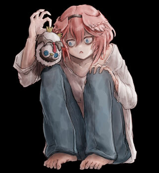 1girl :&lt; alternate_costume barefoot blue_eyes cosplay denim feet hair_between_eyes hair_ornament hand_on_own_knee head_wings highres holding hololive jeans l_(death_note) long_sleeves lui-tomo nymph_rhythm pants pink_hair puffy_sleeves short_hair simple_background solo squatting takane_lui toes virtual_youtuber wings