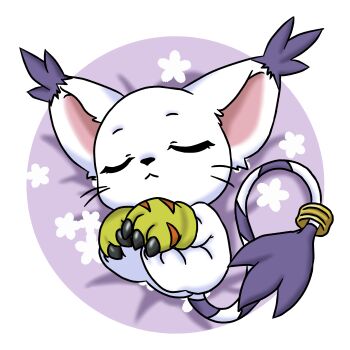 absurdres animal_hands closed_eyes closed_mouth digimon digimon_(creature) digimon_adventure digimon_adventure_02 digimon_adventure_tri. gloves hashtag-only_commentary highres holy_ring lying nekomoni paw_gloves sleeping solo tail tail_ornament tail_ring tailmon whiskers zzz