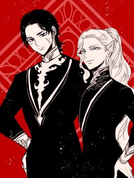 Rule 34 | 2boys, ares (ohitsuji ei), blue eyes, braid, closed mouth, colored eyelashes, commentary request, cowboy shot, earrings, expressionless, facial scar, father and son, floating earrings, greyscale with colored background, hand on own hip, height difference, highres, jewelry, long hair, looking at viewer, male focus, matching outfits, multiple boys, ohitsuji ei, parted bangs, partially colored, ponytail, ponytail with braided base, red background, robe, scar, scar on cheek, scar on face, shirt, short hair, side part, single sidelock, smile, spot color, standing, sweatdrop, teardrop earrings, turtleneck, turtleneck shirt, very long hair, wavy hair, wavy sidelocks, white eyelashes, yukai na shintouki, zeus (ohitsuji ei)