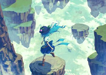 1girl absurdres black_hat blue_hair bow floating_island food food-themed_hair_ornament frills fruit fruit_hat_ornament hair_ornament hat hat_ornament highres hinanawi_tenshi landscape leaf_hat_ornament long_hair peach peach_hair_ornament peach_hat_ornament puffy_short_sleeves puffy_sleeves rainbow_gradient rainbow_order ribbon shirt short_sleeves skirt sky solo suteruko touhou very_long_hair white_shirt
