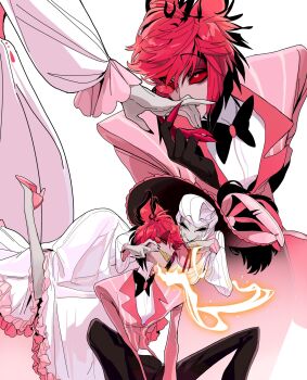 1boy 1girl alastor_(hazbin_hotel) black_pants collared_shirt commentary dress hazbin_hotel hellaverse highres long_dress pants pink_shirt red_hair rosie_(hazbin_hotel) sharp_teeth shirt short_hair symbol-only_commentary teeth white_dress white_hair x_y1h