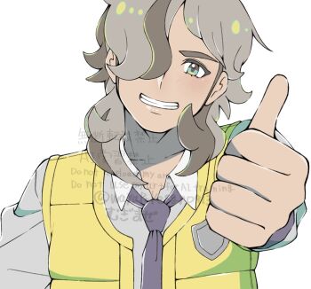 Rule 34 | 1boy, arven (pokemon), brown hair, collarbone, collared shirt, commentary request, eyelashes, grey hair, grey shirt, grin, hair over one eye, highres, long sleeves, looking at viewer, male focus, necktie, nintendo, pokemon, pokemon (creature), pokemon scarlet and violet, purple necktie, shirt, short hair, simple background, smile, solo, thumbs up, upper body, vest, wayapokesgr, white background, yellow vest