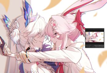 2girls animal_ear_fluff animal_ears armlet art_program_in_frame bow bread bread_slice commentary earrings evanescia_(honkai:_star_rail) flower food fox_ears fox_girl from_side fur_trim gloves hair_flower hair_ornament honkai:_star_rail honkai_(series) i_bgd_ho jewelry kabedon long_hair looking_at_another multiple_girls petals pink_hair purple_eyes sidelocks single_earring smirk teeth untranslatable_commentary upper_body upper_teeth_only watermark white_hair yao_guang_(honkai:_star_rail) yuri