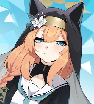 Rule 34 | 1girl, absurdres, animal ear headwear, blue archive, blue background, blue eyes, blue neckerchief, braid, fake animal ears, flower, habit, hair between eyes, halo, hat, hat flower, highres, light blush, long hair, looking at viewer, mari (blue archive), neckerchief, nun, orange hair, portrait, sailor collar, simple background, single braid, smile, solo, tatsukimizu, white sailor collar