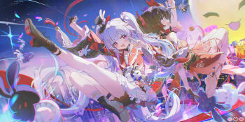 Rule 34 | 2girls, absurdres, arm up, bare shoulders, barefoot, black boots, black gloves, black hair, black hat, boots, chinese commentary, commentary request, coria, facial mark, fang, gloves, hand up, hat, high heel boots, high heels, highres, honkai: star rail, honkai (series), long hair, looking at viewer, mini hat, mini top hat, multiple girls, open mouth, pink eyes, short sleeves, single glove, single sock, smile, socks, sparkle (honkai: star rail), sparxie (honkai: star rail), top hat, trailblazer (honkai: star rail), twintails, v, white hair, white socks, wide sleeves