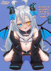 Rule 34 | 1girl, akugaki koa, all fours, alternate language, antenna hair, arm strap, artist name, bikini, black footwear, black horns, black jacket, black shorts, black tail, black wings, blue background, blue bow, blue eyes, blue trim, blue wings, bow, buckle, chest belt, commentary, covered erect nipples, demon girl, demon horns, demon tail, demon wings, diamond-shaped pupils, diamond (shape), flat chest, hair bow, head tilt, heart, heart-shaped buckle, heart antenna hair, heterochromia, highleg, highleg bikini, highres, horns, idol corp, jacket, long hair, looking at viewer, meganethings, mesugaki, navel, off shoulder, paid reward available, short shorts, shorts, shrug (clothing), sleeveless, sleeves past fingers, sleeves past wrists, smirk, solo, spanish text, spread legs, stomach, swimsuit, symbol-only commentary, symbol-shaped pupils, tail, twitter username, variant set, virtual youtuber, white bikini, white hair, wings, yellow eyes