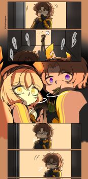 1girl 2boys antlers beard_stubble black_bodysuit black_gloves bodysuit brown_hair brown_hairband commentary eating english_commentary facial_hair gloves grass gregor's_cockroach_(project_moon) gregor_(project_moon) hairband heathcliff_(project_moon) highres holding_grass horns ishmael_(project_moon) limbus_company long_hair low_ponytail multiple_boys orange_eyes orange_hair pill_bottle ponytail project_moon purple_eyes r_corp._(identity)_(project_moon) reindeer_antlers rope shaded_face smoke smoking stubble trnphonglam1 very_long_hair wide-eyed