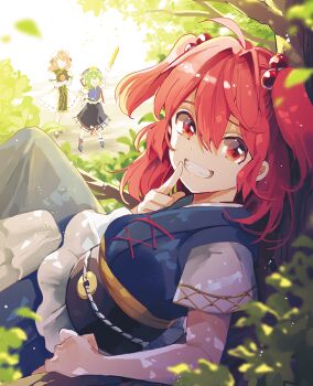 3girls ahoge azuma_aya black_skirt blue_vest branch breasts coin coin_on_string crossed_arms double_bun finger_to_mouth green_hair grin hair_between_eyes hair_bobbles hair_bun hair_ornament hat hat_ribbon ibaraki_kasen in_tree large_breasts long_sleeves looking_at_viewer multiple_girls oni onozuka_komachi pink_hair puffy_short_sleeves puffy_sleeves red_eyes red_hair ribbon ribbon-trimmed_skirt ribbon_trim rod_of_remorse sash shiki_eiki shirt short_sleeves shouting shushing sitting sitting_in_tree skirt smile tabard touhou tree two_side_up vest vine_print white_shirt