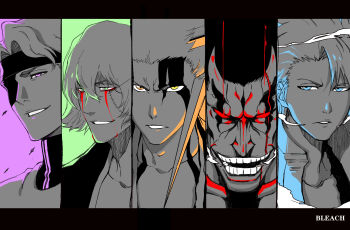 5boys aged_up aizen_sousuke bankai beard_stubble bleach bleach:_sennen_kessen-hen blood bloody_tears blue_eyes breath brown_eyes collarbone copyright_name daiguren_hyourinmaru_(bankai) demon_horns facial_hair facial_mark green_background green_eyes hair_between_eyes heterochromia highres hitsugaya_toushirou hitsugaya_toushirou_(adult) horn_of_salvation horns kurosaki_ichigo letterboxed male_focus multiple_boys open_mouth parted_lips pink_background pink_eyes red_eyes scar scar_across_eye scar_on_face shaolong single_horn smirk solid_eyes stitched_face stitches stubble teeth urahara_kisuke yellow_eyes zaraki_kenpachi
