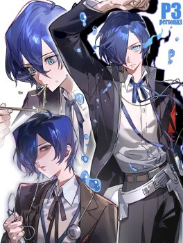 Rule 34 | 1boy, absurdres, arm up, belt, black jacket, black pants, black ribbon, blue eyes, blue hair, blue ribbon, brown belt, buttons, chinese commentary, chopsticks, closed mouth, collared shirt, commentary request, copyright name, earbuds, earphones, eating, expressionless, eye trail, food, gekkoukan high school uniform, hair between eyes, hair over one eye, highres, holding, holding chopsticks, jacket, lapels, light trail, lin09, male focus, multiple views, neck ribbon, noodles, notched lapels, open clothes, open jacket, pants, persona, persona 3, ribbon, sanpaku, school uniform, shirt, short hair, water drop, white background, white shirt, yuuki makoto (persona 3)