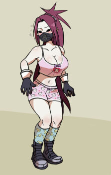 Rule 34 | 1girl, absurdres, animal print, armpits, arms at sides, artist request, black mask, blush, boots, bow camisole, boyshort panties, breasts, camisole, capcom, cat print, character name, delinquent, duck print, embarrassed, eyelashes, female focus, full body, gloves, heart, heart print, highres, zaki (justice gakuen), justice gakuen, legs, legs together, long hair, looking to the side, mask, matching underwear, medium breasts, midriff, moero! justice gakuen, mouth mask, name tag, navel, neck, panties, parted bangs, pink camisole, pink panties, ponytail, print camisole, print panties, purple eyes, red hair, shiny skin, sidelocks, simple background, spiked hair, standing, thighs, tsundere, underwear, underwear only, unworn clothes, very long hair