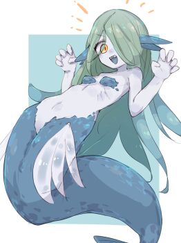 1girl blue_background blue_hair blush border breasts claw_pose collarbone colored_skin female_focus fins full_body gradient_hair green_hair grey_skin hair_over_one_eye hands_up happy head_fins highres long_hair looking_at_viewer mermaid monster_girl multicolored_hair navel no_pussy nose_blush notice_lines null_bulge one_eye_covered open_mouth orange_eyes original outside_border ribs sharp_teeth sidelocks simple_background small_breasts smile solo stomach teeth unarsite v-shaped_eyebrows white_border