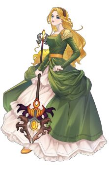 Rule 34 | 1girl, arazed1120, blonde hair, blue eyes, breasts, brown hairband, cloe da pontina, curtained hair, dress, earrings, full body, green dress, green sleeves, hairband, holding, holding polearm, holding weapon, jewelry, layered sleeves, light blush, lips, long dress, long hair, long sleeves, medium breasts, nexon, open hand, parted bangs, petticoat, polearm, princess outfit, second-party source, shoes, simple background, solo, spear, tales weaver, transparent background, very long hair, weapon, yellow shoes