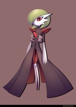 Rule 34 | absurdres, artist name, bisharp, black dress, bob cut, brown background, colored skin, commentary, dress, english commentary, fusion, gardevoir, gen 3 pokemon, gen 5 pokemon, green hair, hair over one eye, highres, looking at viewer, nintendo, pokemon, pokemon (creature), red eyes, simple background, white skin, winkyfaces