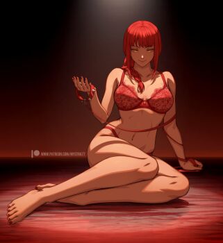 1girl arm_support bare_arms bare_legs bare_shoulders barefoot bra braid braided_ponytail breasts breasts_apart chainsaw_man closed_mouth collar collarbone commentary english_commentary feet front-hook_bra full_body hair_over_shoulder hand_up holding holding_collar holding_leash lace lace-trimmed_bra lace_trim large_breasts leash legs lingerie long_hair long_sidelocks looking_at_viewer makima_(chainsaw_man) mystra77 nail_polish navel panties patreon_logo patreon_username red_bra red_hair red_nails red_panties ringed_eyes shadow sidelocks sitting smile solo stomach toenail_polish toenails toes underwear underwear_only unworn_collar yellow_eyes yokozuwari