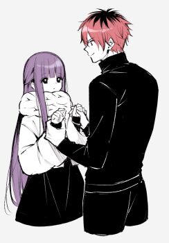 Rule 34 | 1boy, 1girl, black dress, black hair, black pants, black shirt, blunt bangs, cable knit, closed mouth, cowboy shot, cropped legs, dot mouth, dress, fern (sousou no frieren), grey background, hair between eyes, half updo, hetero, highres, hime cut, holding another's wrist, holding hands, jacket, long hair, looking at another, multicolored hair, pants, purple hair, red hair, scarf, shirt, short hair, smile, sousou no frieren, stark (sousou no frieren), straight hair, ting, turtleneck, two-tone hair, upper body, white jacket, white scarf