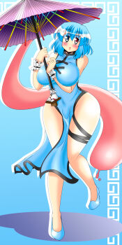 Rule 34 | 1girl, akasode (tyaramu), blue hair, blush, breasts, china dress, chinese clothes, dress, female focus, highres, large breasts, oil-paper umbrella, parasol, short hair, solo, tatara kogasa, thighs, touhou, umbrella, wide hips