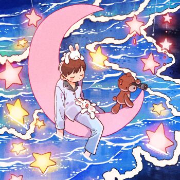 1boy blue_pajamas blush brown_hair closed_eyes commentary_request crescent_moon dot_nose from_above highres long_sleeves mannerer62 moon no_mouth ocean original pajamas pants partially_submerged pink_moon rabbit shore short_hair sleeping solo spyglass star_(symbol) stuffed_animal stuffed_toy submerged teddy_bear water