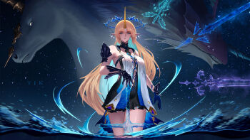 1girl absurdres armored_gloves bare_shoulders black_collar black_dress blonde_hair blue_eyes blue_hair breasts collar colored_inner_hair commentary crown_of_thorns dress earrings fleurdelys_(wuthering_waves) floating floating_earrings floating_object floating_sword floating_weapon hand_to_weapon highres horns jewelry large_breasts long_hair looking_at_viewer multicolored_hair necklace parted_lips planted planted_sword planted_weapon pointy_ears single_horn solo sword tabard thighs very_long_hair weapon white_tabard wuthering_waves yellow_horns yjk-psycho