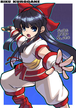1girl ainu_clothes arms_up artist_name black_hair blue_eyes breasts dated fingerless_gloves gloves hair_ribbon kurogane_riku legs long_hair looking_at_viewer nakoruru open_mouth outstretched_arm pants ribbon samurai_spirits serious small_breasts snk the_king_of_fighters thighs tongue weapon