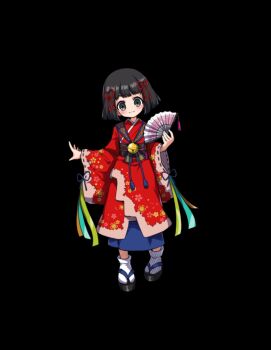 bell black_background black_hair blue_hakama blue_ribbon blunt_bangs blush full_body geta grey_eyes hair_ribbon hakama hakama_skirt hand_fan highres holding holding_fan japanese_clothes kimono koume_(merc_storia) long_sleeves merc_storia merc_storia_art_team obi official_art red_kimono red_ribbon ribbon sash short_hair simple_background skirt smile socks solo standing tachi-e white_socks wide_sleeves