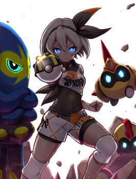 1girl bea_(pokemon) black_bodysuit black_hairband blue_eyes bodysuit bodysuit_under_clothes collared_shirt commentary_request covered_navel dark-skinned_female dark_skin falinks gen_8_pokemon glint gloves glowing glowing_eyes grapploct grey_hair gym_leader hair_between_eyes hairband highres holding holding_poke_ball knee_pads looking_at_viewer nintendo ooike_teru poke_ball pokemon pokemon_(creature) pokemon_swsh print_shirt print_shorts rock shirt short_hair shorts single_glove tied_shirt ultra_ball