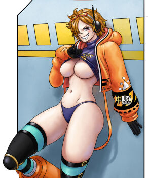 1girl black_gloves blush breasts clothes_lift cosplay curvy female_focus gloves headphones iury_padilha jacket large_breasts legs lifting_own_clothes looking_at_viewer naughty_face navel one_piece open_clothes open_jacket revealing_clothes shiny_skin shirt shirt_lift short_hair smile solo teasing thick_thighs thighhighs thighs turtleneck turtleneck_shirt underboob vegapunk_lilith vegapunk_york vegapunk_york_(cosplay) wide_hips