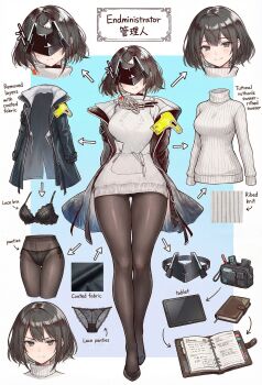 1girl absurdres arknights arknights:_endfield bag black_coat black_hair black_jacket black_pantyhose bra coat commentary_request endministrator_(arknights) english_text female_endministrator_(arknights) highres jacket jeje lace lace_bra lace_panties long_sleeves looking_at_viewer mask notebook open_clothes open_jacket panties panties_under_pantyhose pantyhose short_hair shoulder_bag smile solo sweater tablet_pc underwear white_sweater