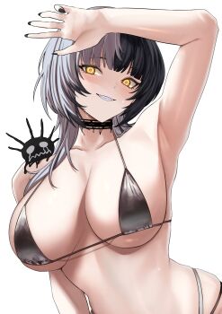 1girl absurdres arm_up armpits bikini black_bikini black_choker black_hair black_nails blush breasts choker commentary fingernails grin highres hololive hololive_english large_breasts long_hair multicolored_hair nail_polish shiori_novella si_farid simple_background smile solo split-color_hair swimsuit two-tone_hair virtual_youtuber white_background white_hair yellow_eyes yorick_(shiori_novella)
