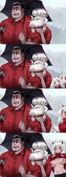 black_horns breasts clothes_lift covered_face covering_face demon demon_girl demon_horns embarrassed exhibitionism facepalm flashing hand_on_own_face haraya_manawari helltaker helltaker_(character) highres holding holding_umbrella horns interview lifting_own_clothes lucifer_(helltaker) meme microphone modeus_(helltaker) navel nipples parody public_indecency pulling_own_clothes red_shirt red_sweater shared_umbrella shirt side-by-side special_feeling_(meme) sunglasses sweater triplets umbrella white_hair white_horns