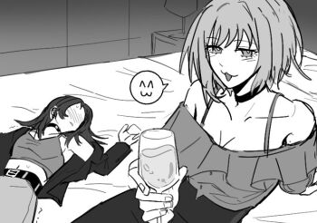 2girls :3 bang_dream! bang_dream!_it&#039;s_mygo!!!!! breasts camisole chinese_commentary choker cleavage commentary_request cup greyscale holding holding_cup implied_yuri jacket looking_at_viewer lying monochrome multiple_girls off-shoulder_shirt off_shoulder on_back open_mouth shirt short_hair xiaowu0074 yahata_umiri yuutenji_nyamu