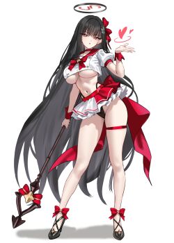 1girl absurdres alternate_costume black_hair black_halo black_panties blue_archive breasts commentary crop_top english_commentary full_body halo heart high_heels highres holding holding_staff large_breasts long_hair looking_at_viewer magical_girl microskirt midriff navel panties red_eyes rio_(blue_archive) shigure_s simple_background skirt solo staff thigh_strap thighs underboob underwear very_long_hair white_background white_skirt