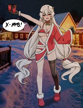 1girl absurdres bikeibikei bikini black_gloves black_thighhighs box breasts christmas_present gift gift_box gloves highres holding holding_gift honkai_(series) honkai_impact_3rd house large_breasts long_hair looking_at_viewer luna_(honkai_impact) mask mask_on_head open_mouth outdoors photo_background red_shoes santa_bikini santa_coat santa_costume shoes single_thighhigh smile solo speech_bubble swimsuit thighhighs very_long_hair white_hair
