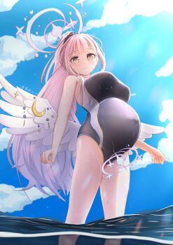 1girl absurdres artist_name black_one-piece_swimsuit blue_archive blue_sky breasts chinese_commentary closed_mouth cloud commentary competition_school_swimsuit covered_navel day halo highres large_breasts long_hair looking_at_viewer mika_(blue_archive) mixed-language_commentary on_water one-piece_swimsuit outdoors pink_hair pink_halo ponytail pregnancy_halo pregnant school_swimsuit sky smile solo swimsuit trinity_general_school_swimsuit white_wings wing_ornament wings yellow_eyes yuzuhara1017