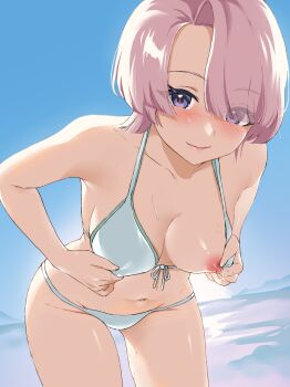 1girl arimura_mao bare_shoulders bikini blue_sky blush breasts closed_mouth collarbone commentary covered_erect_nipples day eyes_visible_through_hair front-tie_bikini_top front-tie_top gakuen_idolmaster green_bikini hair_over_one_eye highres idolmaster juni_(pixiv_112342583) looking_at_viewer medium_hair navel nipple_slip nipples ocean outdoors pink_hair pink_lips purple_eyes sky smile solo stomach swimsuit thighs