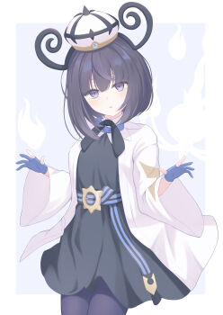 1girl absurdres black_dress black_hair black_ribbon blue_gloves blunt_bangs coat commentary dress gloves grey_eyes gwynn_(pokemon) hat highres kotokoto_(pixiv_105451061) long_sleeves medium_hair neck_ribbon nintendo open_clothes open_coat pantyhose partially_fingerless_gloves pokemon pokemon_legends:_z-a ribbon solo white_coat white_hat wide_sleeves