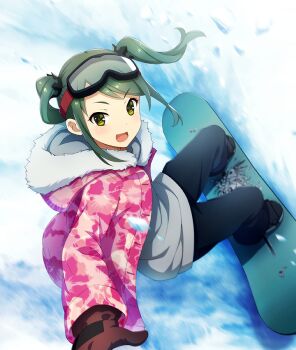 Rule 34 | 1girl, :d, black pants, black shoes, blush, brown gloves, dot nose, fur-trimmed jacket, fur trim, game cg, gloves, goggles, goggles on head, green eyes, green hair, grey shirt, hood, hooded jacket, jacket, medium hair, nagae futaba, official art, open clothes, open jacket, open mouth, pants, pink jacket, print jacket, shirt, shoes, sidelocks, ski goggles, smile, snow, snowboard, snowboarding, solo, squatting, third-party source, toji no miko, toji no miko: kizamishi issen no tomoshibi, twintails, v-shaped eyebrows, winter clothes