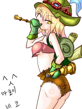 1girl ^_^ aged_up animal_ears ass backpack bad_id bad_pixiv_id bag bare_shoulders blonde_hair blowgun blush breasts closed_eyes female_focus gender_request genderswap gloves goggles goggles_on_head hat league_of_legends mahoy map one_eye_closed scroll short_hair shorts signature solo spyglass teemo white_background wink yellow_eyes
