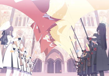 6+girls artist_request beret black_coat black_gloves black_hair black_pantyhose blonde_hair blue_archive brown_hair capelet coat dress flag game_cg gloves grey_hair gun hat highres holding holding_flag holding_gun holding_weapon looking_to_the_side multiple_girls non-web_source official_art pandemonium_society_member_(blue_archive) pantyhose pink_hair purple_hair rifle sailor_hat weapon white_capelet white_dress white_gloves white_pantyhose