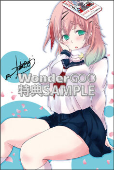 Rule 34 | 1girl, blue sailor collar, blue skirt, blush, book, book on head, braid, breasts, commentary request, dainichi asahi, feet out of frame, gradient hair, green eyes, hair between eyes, hair ornament, hairclip, hand on own face, large breasts, long sleeves, looking at viewer, minazuki suu, miniskirt, multicolored hair, neckerchief, object on head, parted lips, petals, pink hair, pleated skirt, raised inner eyebrows, red neckerchief, saigo no negai ni tsuki ga naku, sailor collar, scarf, school uniform, serafuku, shirt, short hair, sidelocks, signature, sitting, skirt, solo, tareme, thick eyebrows, thighs, white scarf