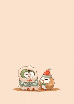 animal_focus artist_name beak bird bow bowtie closed_eyes clothed_pokemon coat commentary_request dartrix evolutionary_line fur-trimmed_coat fur_trim gen_7_pokemon green_bow green_bowtie highres nintendo no_humans owl pokemon pokemon_(creature) rowlet simple_background sitting twitter_username white_background zozozoshion