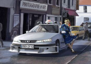 Rule 34 | 1girl, absurdres, beret, black hat, black shoes, blonde hair, blue dress, car, car keys, commentary request, dress, france, hat, highres, holding, holding key, key, leaning back, license plate, looking at viewer, marseille, motor vehicle, original, outdoors, peugeot, peugeot 406, road, shadow, shoes, shop, socks, street, taxi, taxi (series), v, vehicle focus, white socks, yukikaze supersylph