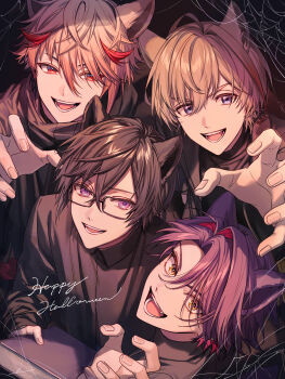 4boys absurdres black_background black_hair black_scarf black_shirt blonde_hair blue_eyes book claw_pose colored_inner_hair commentary english_text fangs flipped_hair fura_kanato glasses highres holding holding_book long_sleeves looking_at_viewer male_focus multicolored_hair multiple_boys nijisanji nonon_813 open_mouth pink_hair purple_hair rectangular_eyewear red_eyes red_hair scarf seraph_dazzlegarden shikinagi_akira shirt silk simple_background smile spider_web streaked_hair teeth virtual_youtuber voltaction watarai_hibari yellow_eyes