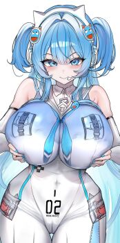 Rule 34 | 1girl, animal ear headphones, animal ears, blue eyes, blue hair, blue nails, bodypaint, bodysuit, breasts, cameltoe, cat ear headphones, cat ears, detached sleeves, fake animal ears, goddess of victory: nikke, grabbing own breast, headphones, highres, large breasts, long hair, looking at viewer, mekami shifty (nikke), molar breaker, nail polish, painted clothes, skindentation, solo, two-tone background