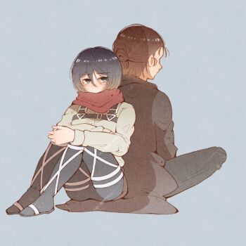 Rule 34 | 1boy, 1girl, back-to-back, black hair, black pantyhose, breasts, brown coat, brown hair, coat, commentary request, eren yeager, facial scar, full body, grey background, grey eyes, hair between eyes, hair bun, half updo, highres, hugging own legs, light blush, long sleeves, ma me 129, medium breasts, medium hair, mikasa ackerman, pantyhose, red scarf, scar, scar on cheek, scar on face, scarf, shingeki no kyojin, shirt, short hair, sitting, white shirt